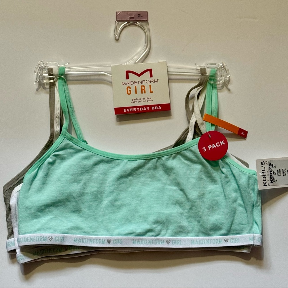 NWT Maidenform Girl 3-Pack Bra in Mint, Gray, and White